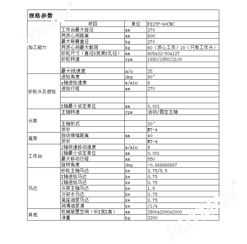 豪特曼FX27P-60CNC高精度直進(jìn)式外圓磨床產(chǎn)品技術(shù)參數(shù)